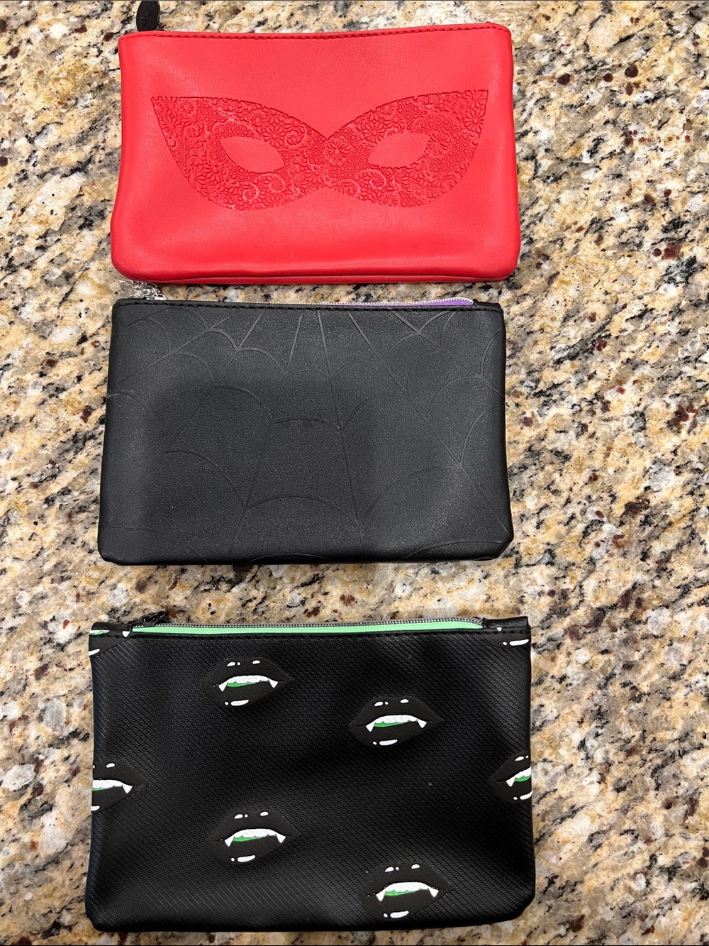Ipsy Red & Black Mask-Embossed Cosmetic Pouches Trio